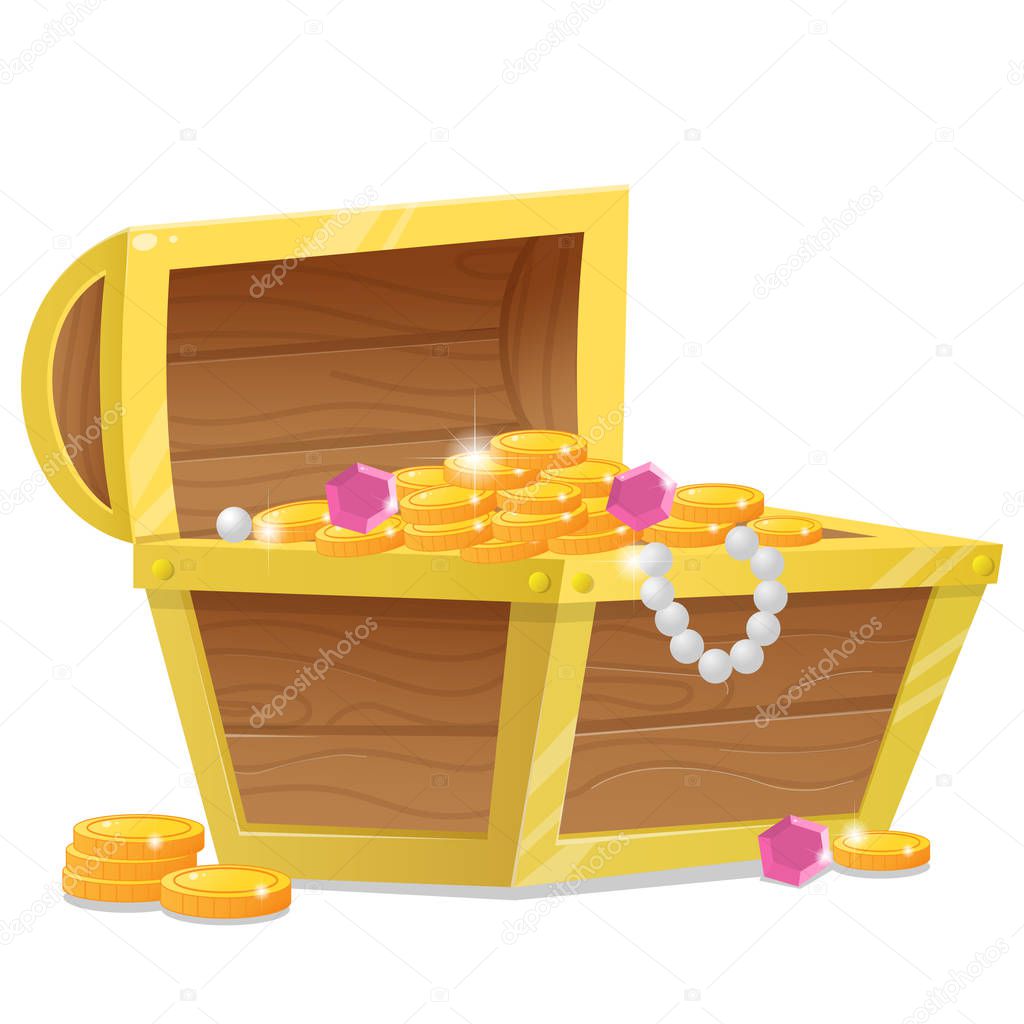 Color image of cartoon treasure chest on a white background. Pirate coffer with gold and jewels. Decorative element for pirate party for kids. Vector illustration.
