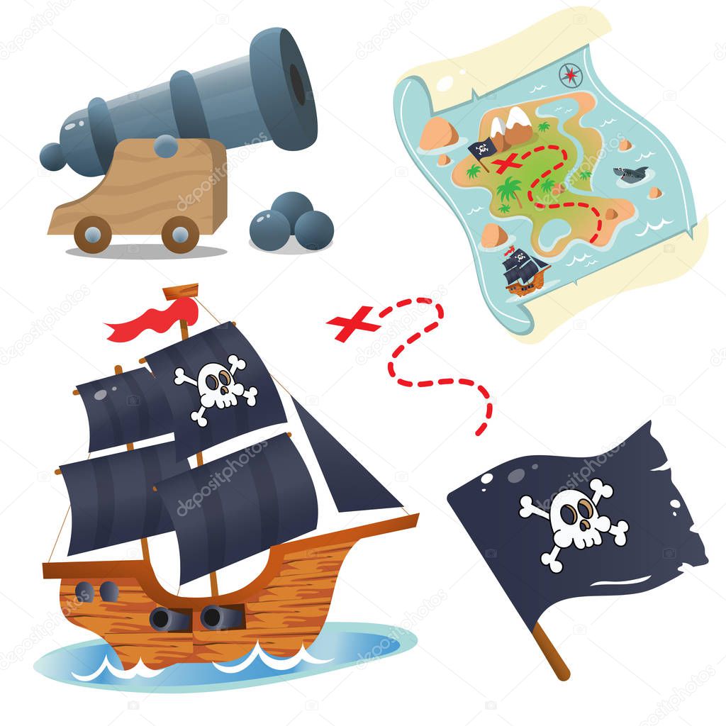 Decorative cartoon set for pirate party for kids. Pirate ship. Sailboat with black sails in sea. Pirate cannon. Black flag with skull. Treasure map. Color images on a white background. Vector illustration