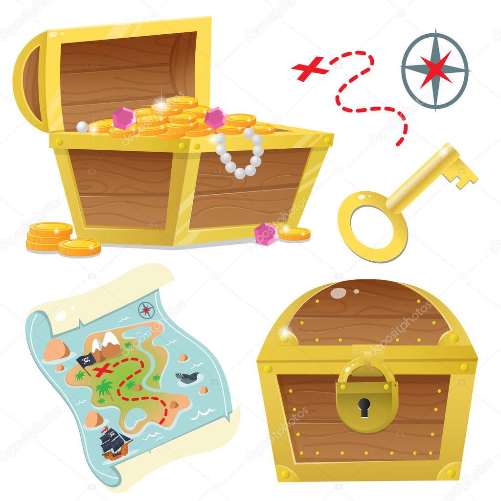Decorative cartoon set for pirate party for kids. Treasure chest. Pirate coffer with gold and jewels. Closed coffer with lock. Golden key. Treasure map. Color images on a white background. Vector illustration.
