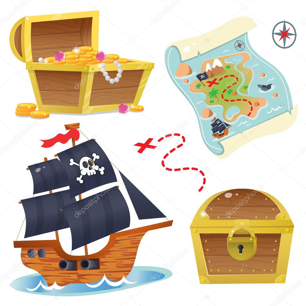 Cartoon set for pirate party for kids. Pirate ship. Sailboat with black sails with skull in sea. Treasure chest. Pirate coffer with gold and jewels. Closed coffer with lock. Golden key. Treasure map. Color images on a white background. Vector.