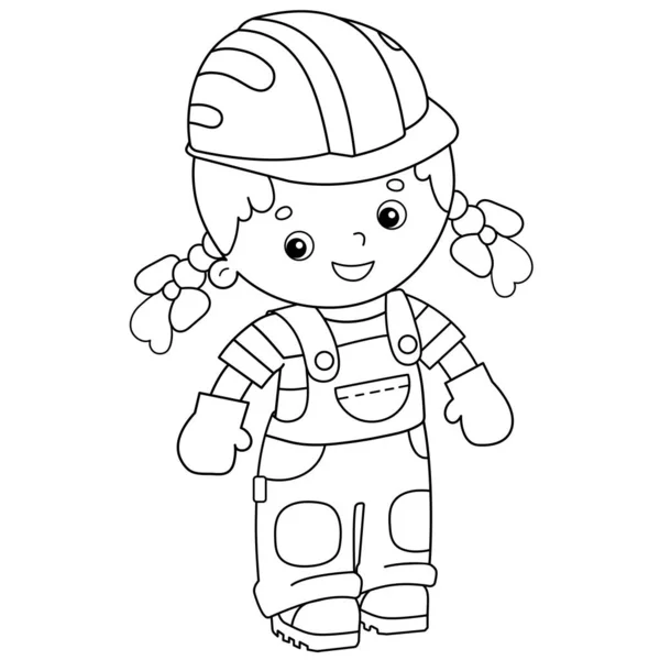 Desenho da página de colorir da menina construtor em hardhat. Profissão. Livro para colorir para crianças . — Vetor de Stock