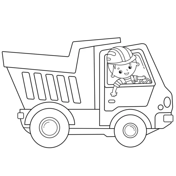 Página para colorear Esquema de camión de dibujos animados o camión volquete. Vehículos de construcción. Libro para colorear para niños . — Vector de stock