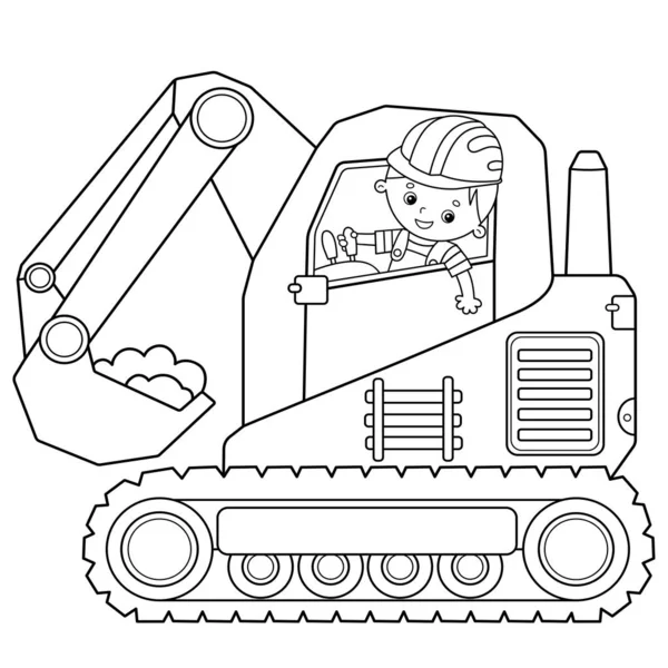 Desenho da página de coloração da escavadora de esteiras de desenhos animados. Veículos de construção. Livro para colorir para crianças . —  Vetores de Stock