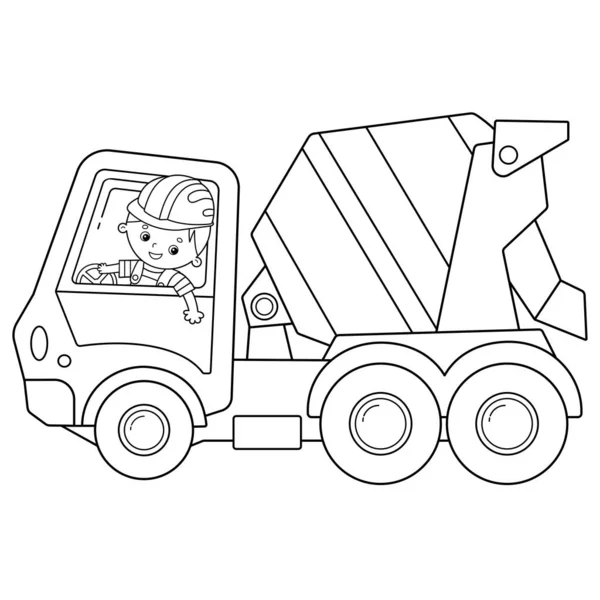 Página para colorear Esquema de mezclador de concreto de dibujos animados. Vehículos de construcción. Libro para colorear para niños . — Vector de stock