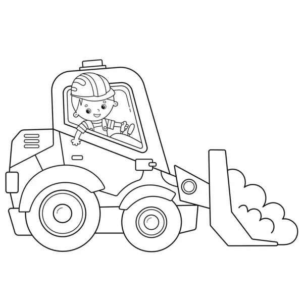 Página para colorear Esquema de bulldozer de dibujos animados. Vehículos de construcción. Libro para colorear para niños . — Vector de stock