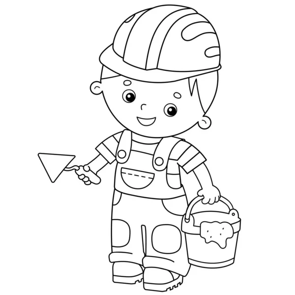 Página para colorear Esquema del constructor de dibujos animados con mortero de cemento y llana. Profesión. Libro para colorear para niños . — Vector de stock