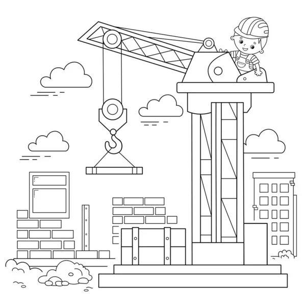 Página para colorear Esquema de grúa elevadora en la construcción. Vehículos de construcción. Libro para colorear para niños . — Vector de stock