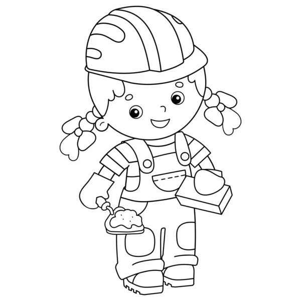 Coloriage Aperçu du constructeur de bande dessinée fille avec mortier de ciment et truelle. Profession. Livre à colorier pour enfants . — Image vectorielle