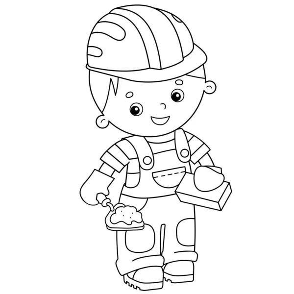 Coloring Page Outline of cartoon builder with handcart (dalam bahasa Inggris). Profesi. Buku mewarnai untuk anak-anak . - Stok Vektor