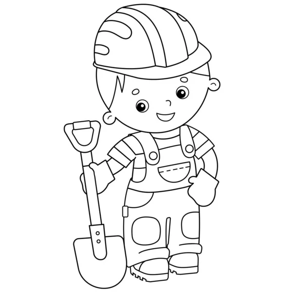 Coloriage Aperçu du constructeur de dessins animés avec pelle. Profession. Livre à colorier pour enfants . — Image vectorielle