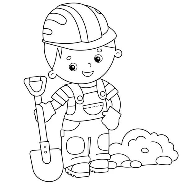 Coloriage Aperçu du constructeur de dessins animés avec pelle. Profession. Livre à colorier pour enfants . — Image vectorielle