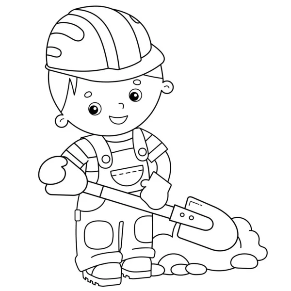 Zbarvení Page Obrys kreslený stavitel s lopatou. Povolání. Omalovánky pro děti. — Stockový vektor
