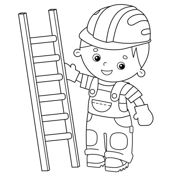 ぬりえページステップはしごを持つ漫画ビルダーの概要。職業だ子供のためのぬり絵. — ストックベクタ