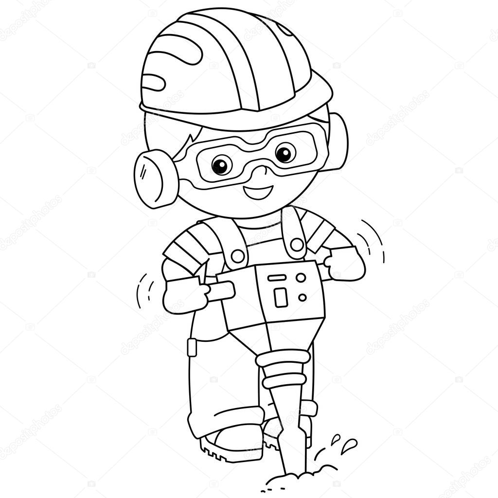 Coloring Page Outline of cartoon builder with jackhammer. Profession. Coloring book for kids.