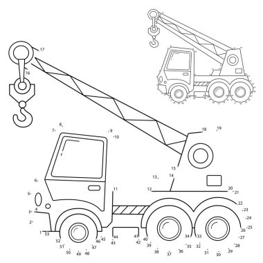 Çocuklar için bulmaca oyunu: Sayı oyunu. Kamyon vinci. İnşaat araçları. Çocuklar için boyama kitabı.
