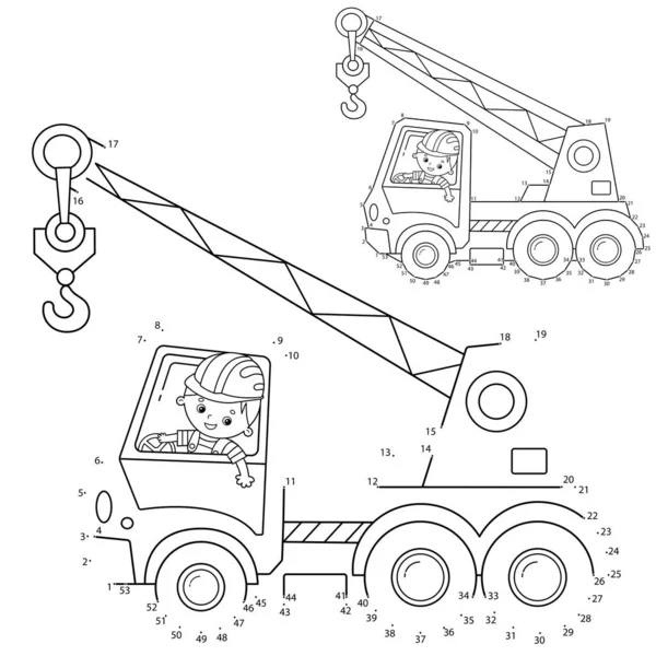 Puzzle Juego para niños: juego de números. Grúa de camión. Vehículos de construcción. Libro para colorear para niños . — Vector de stock