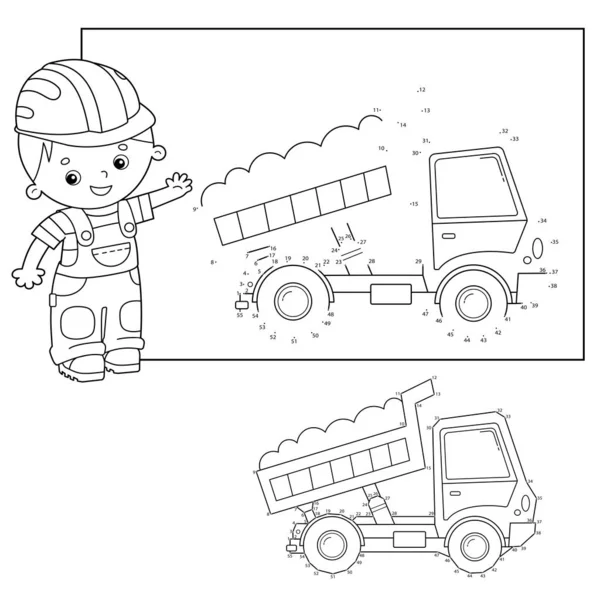 Puzzle Juego para niños: juego de números. Camión o camión volquete. Vehículos de construcción. Libro para colorear para niños . — Vector de stock