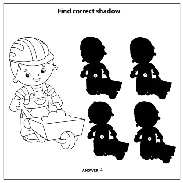 Puzzle-Spiel für Kinder. Finde den richtigen Schatten. Bauarbeiter mit Handwagen. Beruf. Malbuch für Kinder. — Stockvektor