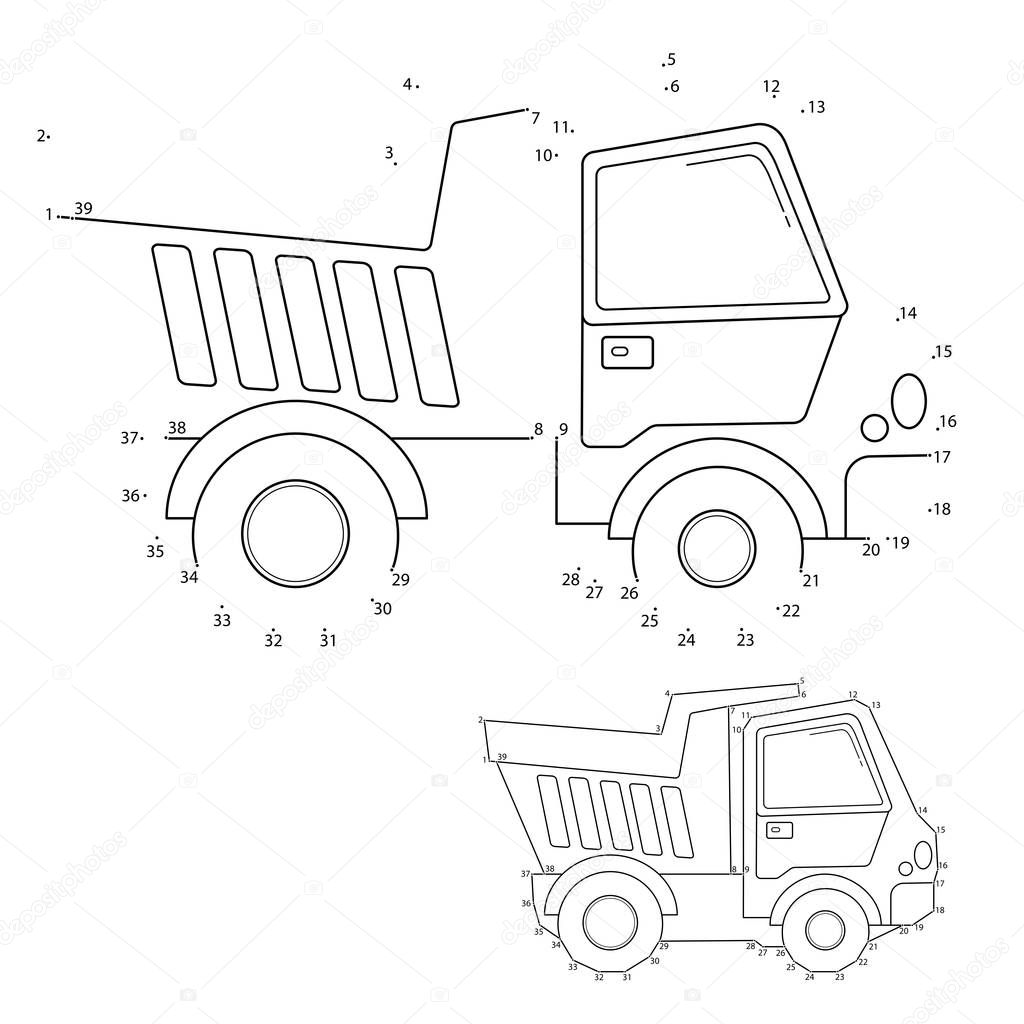 Puzzle Game for kids: numbers game. Lorry or dump truck. Construction vehicles. Coloring book for kids.