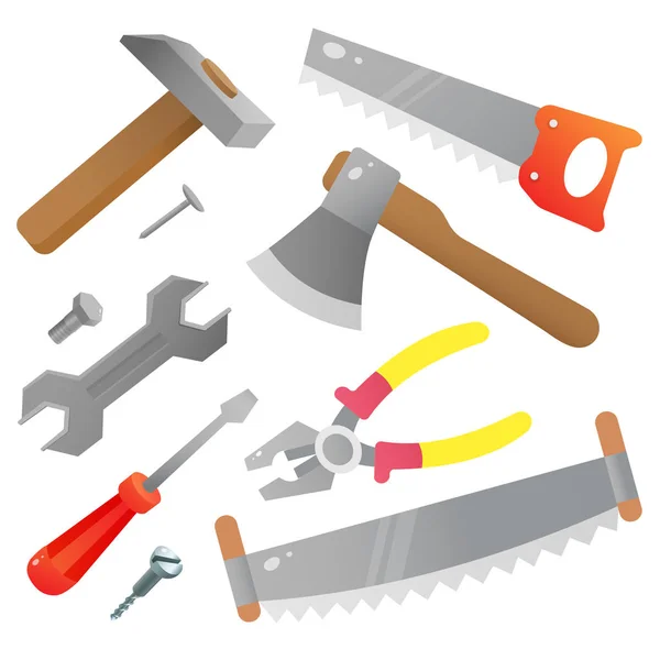 Werkzeuge. Farbbilder von Säge, Schraubenschlüssel, Zange, Hammer, Axt, Schraubenzieher auf weißem Hintergrund. Arbeitsinstrumente. Vektorillustration. — Stockvektor