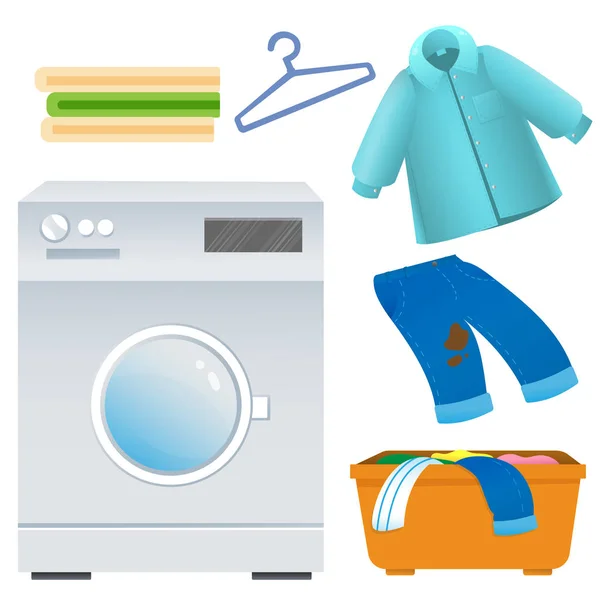 Image couleur de la machine à laver avec des vêtements et du linge sur fond blanc. Blanchisserie et ménage. Equipement ménager. Jeu d'illustrations vectorielles . — Image vectorielle