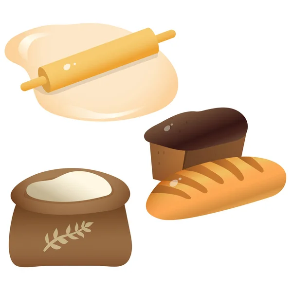 흰 바탕에 밀 가루와 빵을 바른 반죽의 컬러 이미지가 있습니다. 음식 과 식사. 부엌 과 요리. 벡터 일러스트 세트. — 스톡 벡터