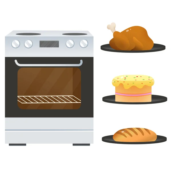 Image en couleur du four électrique ou de la cuisinière avec des plateaux de poulet frit, de gâteau et de pain sur fond blanc. Cuisine et cuisine. Equipement ménager. Jeu d'illustrations vectorielles . — Image vectorielle
