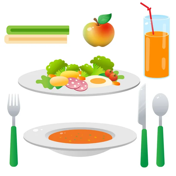 Farbbild der Portion Mittagessen oder Abendessen auf weißem Hintergrund. Essen und Trinken. Geschirr und Besteck. Vektor Illustration Set. — Stockvektor