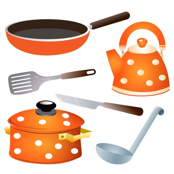 一套厨房用具。 色彩斑斓的平底锅、水壶、小刀、调料勺、平底锅. 矢量说明. — 图库矢量图片