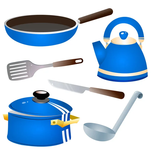 一套厨房用具。 色彩斑斓的平底锅、水壶、小刀、调料勺、平底锅. 矢量说明. — 图库矢量图片