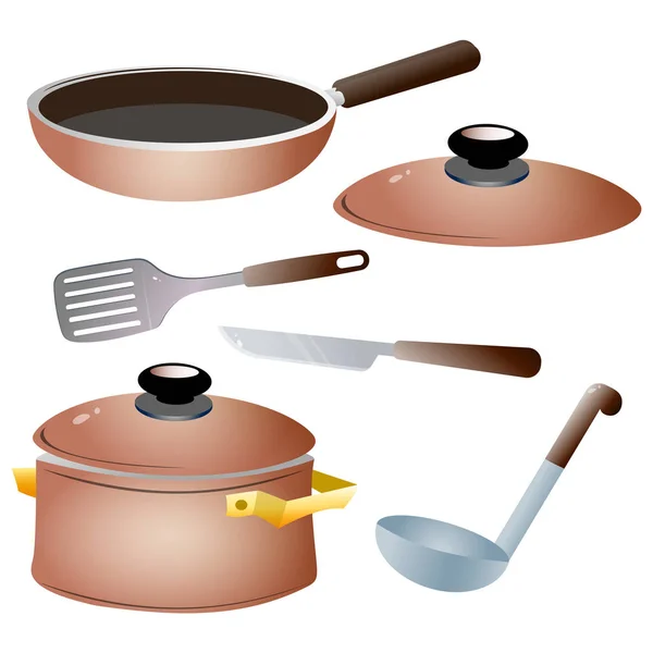 Conjunto de platos de cocina. Imágenes en color de sartén, tetera, cuchillo, cuchara de servir y sartén sobre fondo blanco. Ilustración vectorial . — Archivo Imágenes Vectoriales