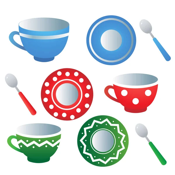 厨房茶具。 彩色茶托、勺子和杯子在白色背景上的彩色图像。 饭菜和陶器。 矢量说明. — 图库矢量图片