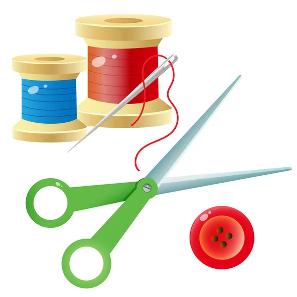 Color images of spools of thread with needle, scissors and red button on a white background. Set for sewing. Vector illustration for handcraft. — Stock Vector