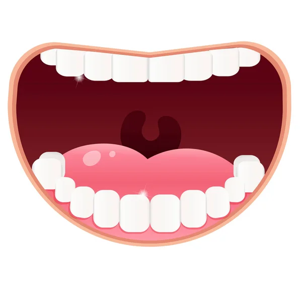 Imagen en color de boca abierta con dientes blancos y limpios sobre fondo blanco. Salud e higiene. Ilustración vectorial para odontología . — Archivo Imágenes Vectoriales