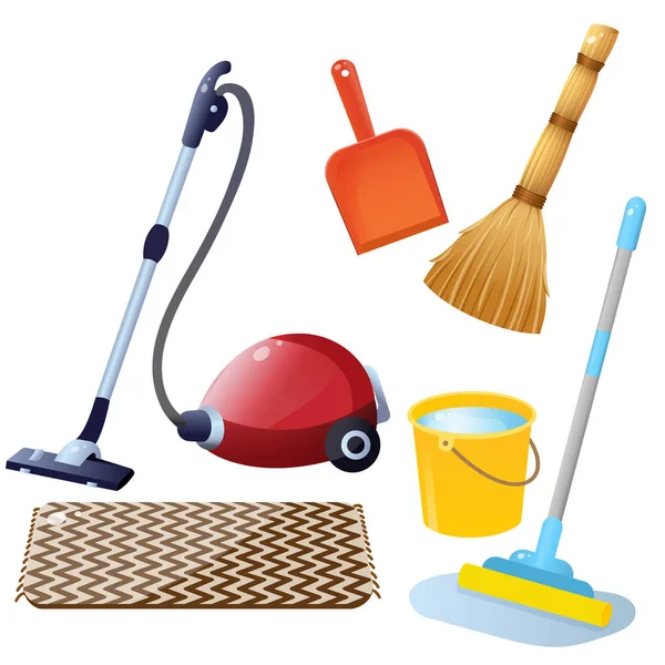 Tools for cleaning and housework. Color images of hoover with carpet, mop with bucket of water, broom with dustpan on white background. Vector illustration set. — Stock Vector
