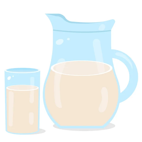 Color image of glass pitcher with glass of milk on white background. Food and meals. Vector illustration set. — Stock Vector