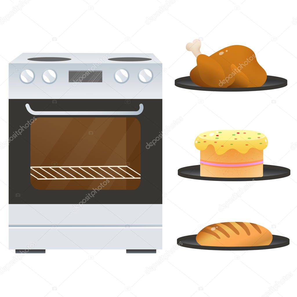Color image of electric oven or stove with platters of fried chicken, of cake and bread on white background. Kitchen and cooking. Household equipment. Vector illustration set.
