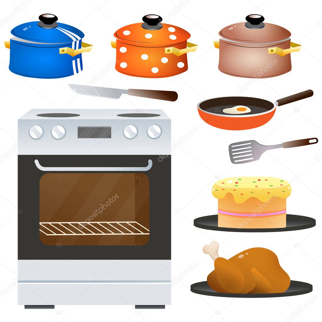 Color images of electric oven or stove with set of dishes on white background. Kitchen and cooking. Household equipment. Vector illustration.