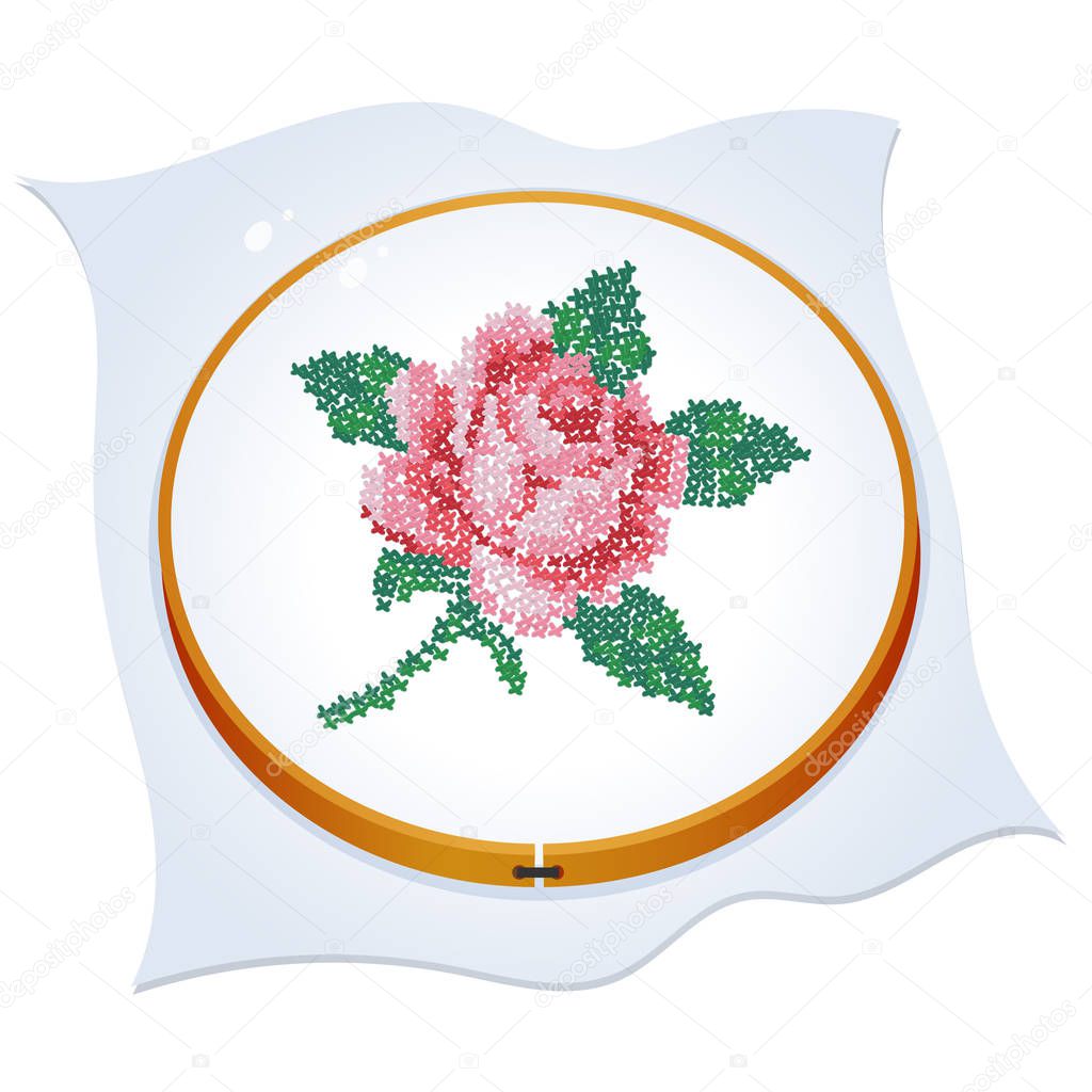 Cross embroidered rose. Color image of hoop with needlework on a white background. Vector illustration for handcraft.