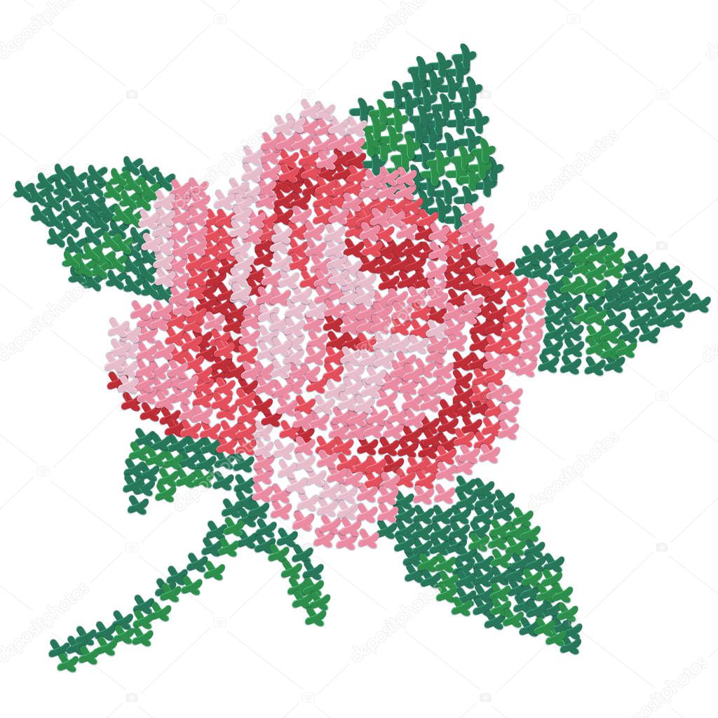 Cross embroidered rose. Color image of on a white background. Needlework. Vector illustration for handcraft.