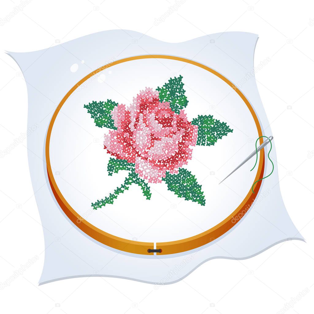 Cross embroidered rose. Color image of hoop with needlework on a white background. Vector illustration for handcraft.