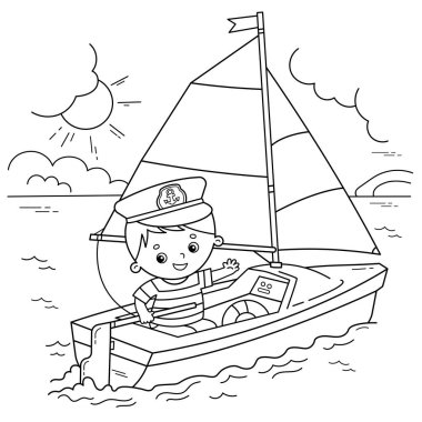 Güvertede denizci olan çizgi film yelkenlisinin ana hatları. Mesleğiniz. Çocuklar için boyama kitabı.