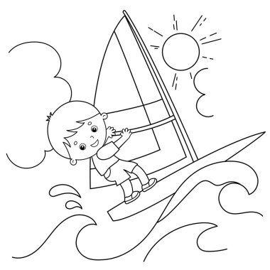 Çizgi film sörfçülerinin dalga boyama sayfası. Rüzgar sörfü. Çocuklar için boyama kitabı.