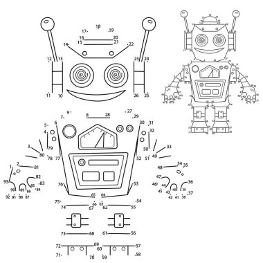 Çocuklar için bulmaca oyunu: Sayı oyunu. Çizgi film robotu. Çocuklar için boyama kitabı.