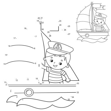 Çocuklar için bulmaca oyunu: Sayı oyunu. Güvertede denizci olan çizgi film yelkenlisi. Çocuklar için boyama kitabı.