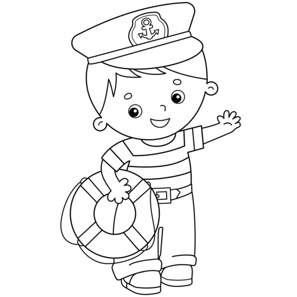 Zbarvení Page Obrys karikatury námořník se záchrannou bójí. Povolání. Omalovánky pro děti. — Stockový vektor