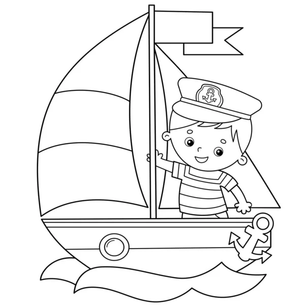 Desenho da página de colorir do navio de vela dos desenhos animados com marinheiro no convés. Profissão. Livro para colorir para crianças . — Vetor de Stock