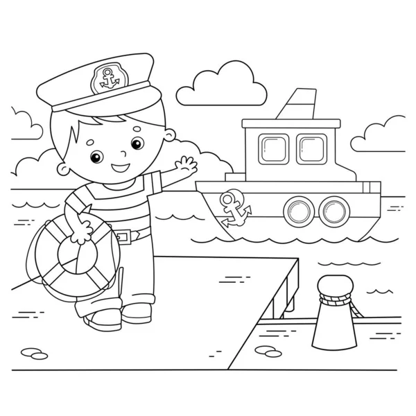 Página para colorear Esquema del marinero de dibujos animados en el muelle al lado del barco. Profesión. Libro para colorear para niños . — Archivo Imágenes Vectoriales