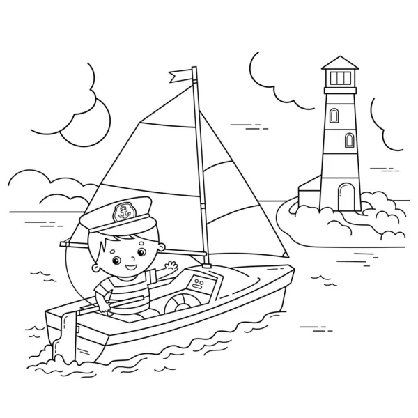 Desenho da página de colorir do navio de vela dos desenhos animados com marinheiro no convés. Profissão. Livro para colorir para crianças . — Vetor de Stock