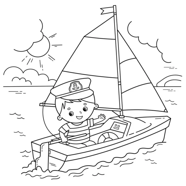 Página para colorear Esquema del barco de vela de dibujos animados con marinero en la cubierta. Profesión. Libro para colorear para niños . — Archivo Imágenes Vectoriales